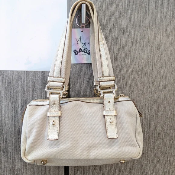 YSL: Metallic Mini Boston Kahala Canvas Leather Tote Shoulder Bag - Picture 7 of 16